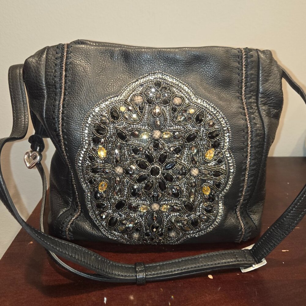 Brighton Black Leather Beaded Shoulder Bag